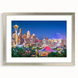 Textured abstract art print of Seattle skyline in muted gray and silver tones, framed with a silver mat.