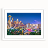 Abstract art print of Seattle skyline in muted gray tones on a white framed canvas, suitable for dining room decor.