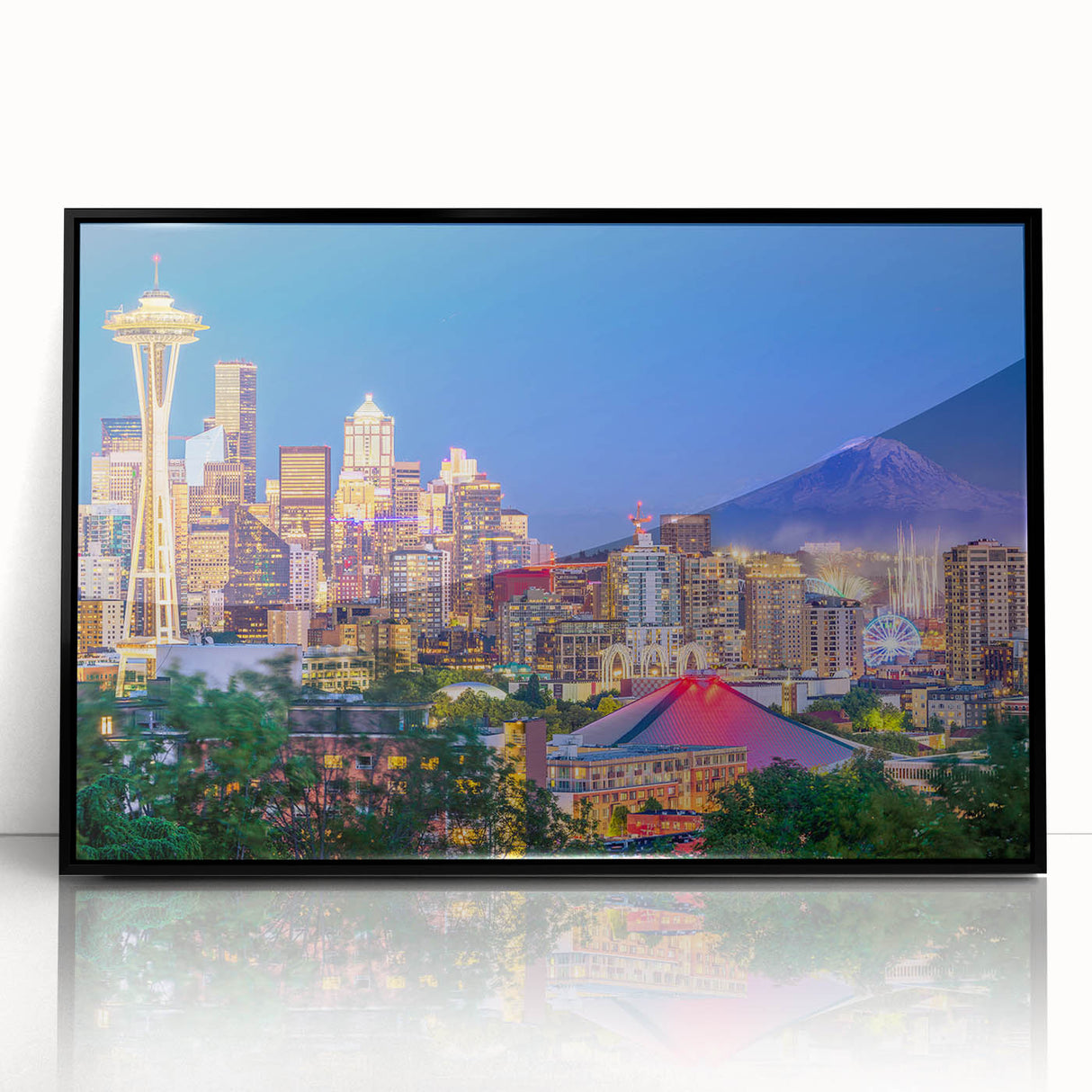 Large abstract wall art of Seattle skyline in muted gray and blue tones on framed acrylic.