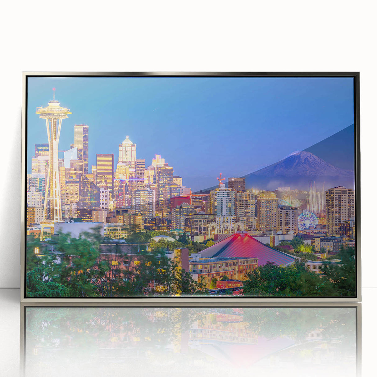 Framed acrylic print of Seattle skyline in mid-century modernist style, featuring cool gray and blue tones.
