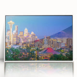 Art deco poster of Seattle skyline in muted gray, framed acrylic, ideal for modern nursery wall art.