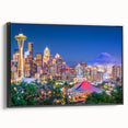 Black and white framed canvas of Seattle skyline, featuring vintage poster art style, ideal for bedroom wall decor.
