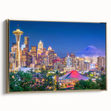Framed canvas wall art featuring a vintage-style Seattle landscape in muted gold and black tones, ideal for bedroom decor.