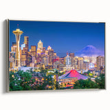 Framed canvas of a vintage-style Seattle landscape in colorful hues with a prominent black border, suitable for office decor.
