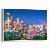 Framed canvas of vintage poster art depicting Seattle skyline in colorful art tones, ideal for living room decor.