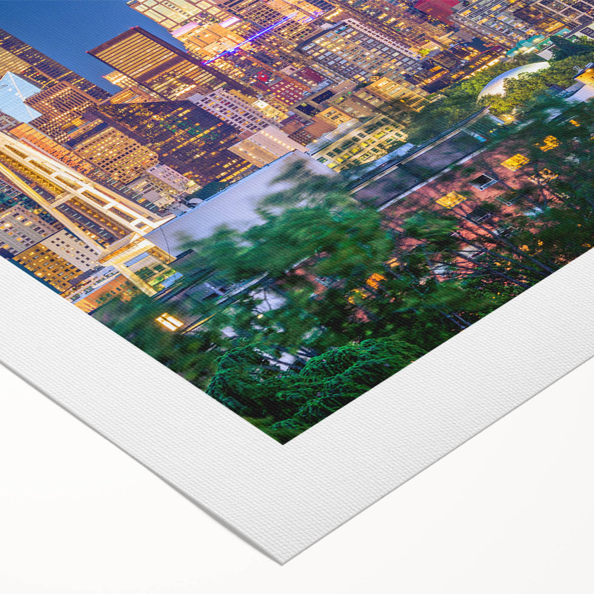 Art deco poster of Seattle skyline in muted gray and blue tones on rolled canvas, ideal for dining room wall art.