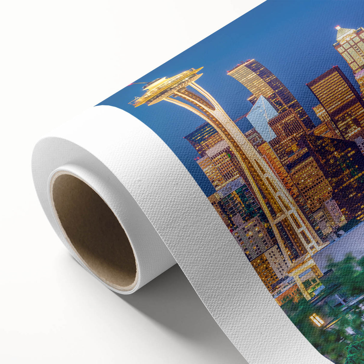 Art deco poster of Seattle skyline, featuring muted blue and gray tones on rolled canvas.