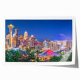 Extra large rolled print of Seattle skyline with floral accents in soft pastel shades, ideal for art wall dining room.