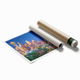 Extra large rolled print of Seattle skyline with muted floral accents, ideal for classy bathroom wall art.