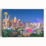 Black and white panoramic view of Seattle skyline on large stretched canvas, ideal for kitchen wall art.