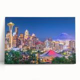 Black and white large art print of Seattle skyline on stretched canvas, suitable for kitchen or bedroom wall art.
