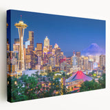 Side view of a large stretched canvas featuring a realistic Seattle skyline in muted earth tones, ideal for kitchen wall art.