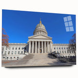 Large abstract wall art of West Virginia scenery in muted green and blue tones on acrylic glass.