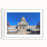 Abstract art print of West Virginia scenery in muted earth tones on a framed white mat, ideal for dining room decor.