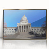 Acrylic print of a West Virginia landscape in gold frame, featuring mid-century modernist style.