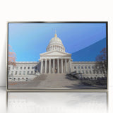 Mid-century modernist art depicting West Virginia scenery in muted earth tones on a framed acrylic print.