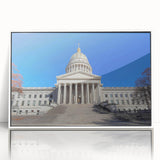 Art deco poster of West Virginia scenery in muted green and blue tones, framed acrylic, ideal for modern nursery wall art.