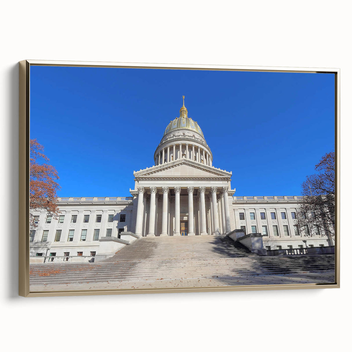 Framed canvas featuring a vintage-style landscape painting of West Virginia, with black and gold tones.