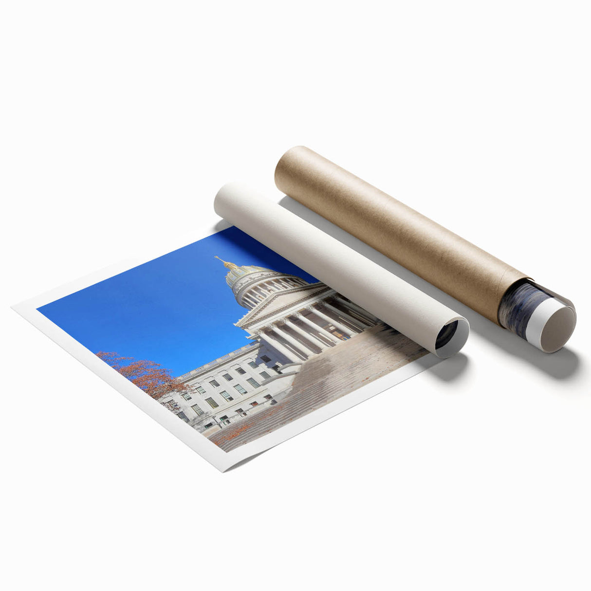 Rolled print of a serene West Virginia landscape featuring lush greenery and distant mountains.