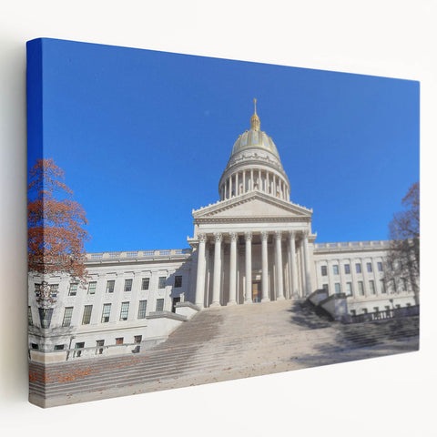 Side view of a stretched canvas depicting a serene West Virginia landscape in soft green and blue tones.