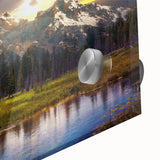 Acrylic print of the Grand Tetons with muted earth tones in a mid-century modernist style, ideal for dining room art.