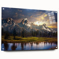 Acrylic print of the Grand Tetons with sharp reflections, in cool blue and gray tones, suitable for dining room decor.
