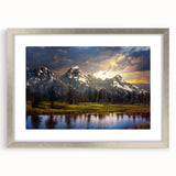 Textured art print of the Grand Tetons with abstract design in muted earth tones on a silver-framed mat.