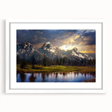 Abstract art print of the Grand Tetons in muted earth tones on a framed white mat, suitable for bedroom or dining room decor.