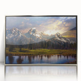 Mid-century modernist art depicting the Grand Tetons in muted earth tones on a framed acrylic print.