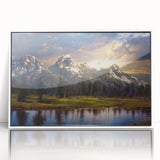 Acrylic print of the Grand Tetons in muted earth tones, framed in white, suitable for modern art wall decor.
