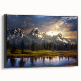 Black and white framed canvas of Grand Tetons landscape, ideal for bedroom wall decor.
