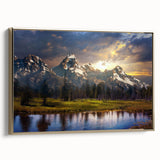 Framed canvas of a vintage-style landscape painting depicting the Grand Tetons in muted earth tones.