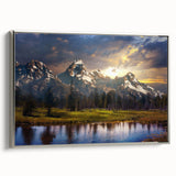 Framed canvas landscape art painting featuring the Grand Tetons under a colorful sky, ideal for living room decor.
