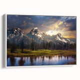 Vintage poster art of Wyoming's Grand Tetons on white-framed canvas, featuring a colorful palette.