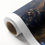 Art deco-style poster of Wyoming's Grand Tetons in muted earth tones on rolled canvas, ideal for nursery wall art.