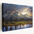 Grand Tetons landscape on large stretched canvas, featuring muted earth tones, ideal for kitchen wall art.
