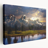 Grand Tetons landscape on large stretched canvas, featuring muted earth tones, ideal for kitchen wall art.