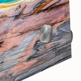 Large abstract depiction of Yellowstone on acrylic glass in mid-century modernist style, suitable as dining room art.