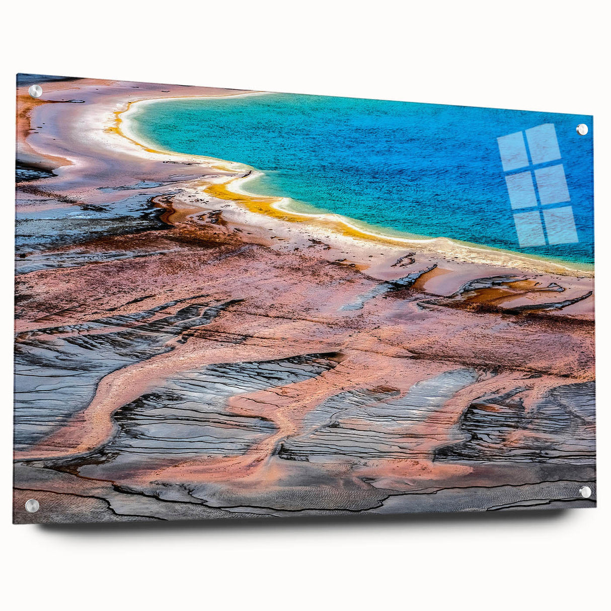Acrylic print of Yellowstone scenery featuring vibrant green and blue tones, ideal for dining room decor.