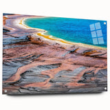 Acrylic print of Yellowstone scenery featuring vibrant green and blue tones, ideal for dining room decor.