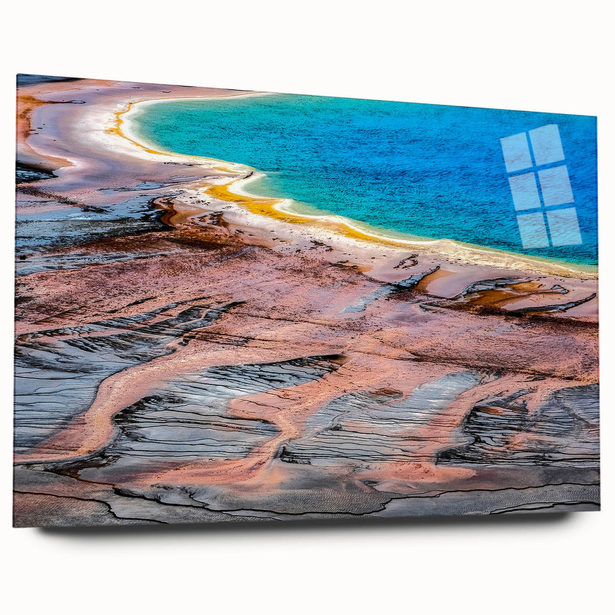 Large abstract wall art of Yellowstone scenery in muted earth tones on acrylic glass, ideal for bedroom or dining room decor.