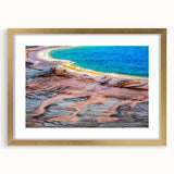 Extra large framed wall art of an abstract Yellowstone scenery in textured gold tones, perfect for living room decor.