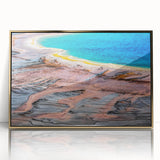 Yellowstone Park scenery on large framed acrylic print, featuring mid-century modernist style with gold and green tones.