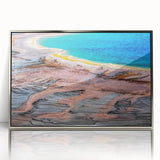 Mid-century modernist art depicting Yellowstone scenery in muted earth tones on a silver-framed acrylic print.