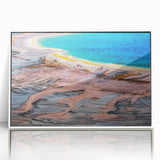 Acrylic print of Yellowstone scenery with vibrant green and blue tones, framed in white, suited for modern art wall decor.