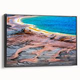 Black and white framed canvas featuring a vintage-style Yellowstone landscape, ideal for bedroom wall decor.