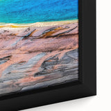 Extra large framed canvas featuring a textured depiction of Yellowstone scenery in vibrant colors.