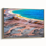 Framed canvas featuring a vintage-style landscape painting of Yellowstone, with muted earth tones.