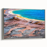 Framed canvas landscape art painting of Yellowstone, featuring colorful geysers and wildlife on a black background.