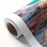 Art Deco-style poster of Yellowstone scenery on rolled canvas, with muted natural tones, suitable as nursery wall art.